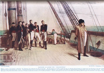 Napoleon ombord på Bellerophon, illustration från "Hutchinson