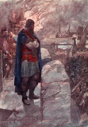 "Fartygen är inte lastade med varor utan bemannade med grymma fiender", illustration från Mary Macgregors "The Story of France Told to Boys and Girls", 1920.
