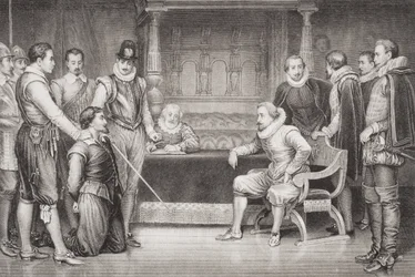 Guy Fawkes (1570-1606) förhörd av James I (1566-1625) och hans råd i kungens sängkammare, från "Illustrations of English and Scottish History" volym I