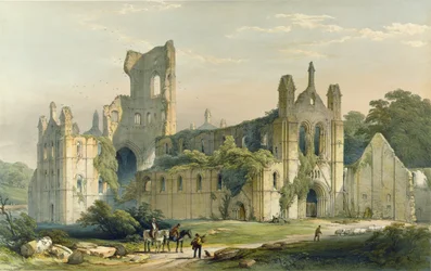 Kirkstall Abbey, sedd från nordväst. Ur Klosterruiner i Yorkshire, graverad av H. Hawkins