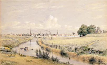 Jersey City med en glimt av New York från Bergenskanalen, 1854