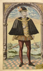 Emmanuel Philibert, hertig av Savoyen, från Honor Military, and Civil, William Segar, pub. Robert Barker, London, 1602 (handfärgad gravyr)