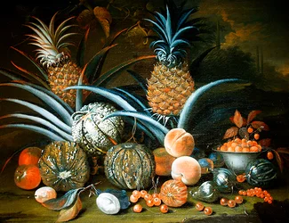 Stilleben med ananas, meloner, persikor, jordgubbar, körsbär och andra frukter (olja på duk)