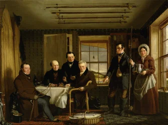 Diskuterar en laxfångst i en skotsk fiskelodge, ca 1840 (olja på duk)