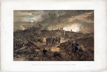 Krimkriget (1853-1856): avsnitt av belägringen av Sebastopol (Ukraina), franska trupper bland ruinerna efter att ha tagit Malakoff-tornet, 8 september 1855 (Efter intagandet av Malakoff den 8 september 1855) - Litografi av William Simpson (18