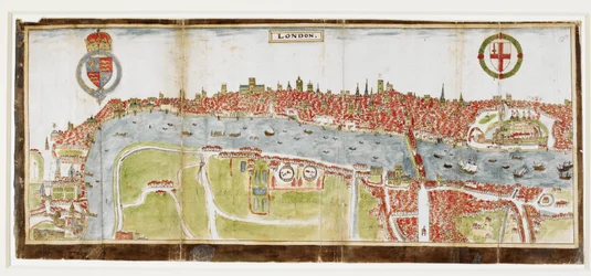 Sloane 2596, f.52 Utsikt över London från söder, som visar Themsen, London Bridge och Towern