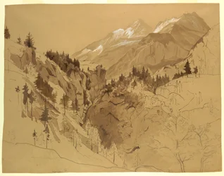 Teckning, berg nära Meiringen, Schweiz, 1856