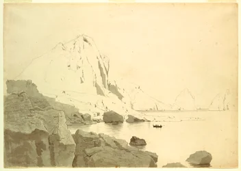 Teckning, Vy över Capri, Italien, med den södra kusten och Faraglione, ca 1865
