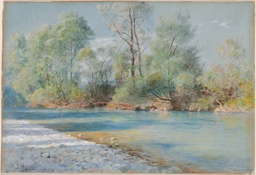 Floden Traunstein på vägen till Empfig, Bayern, ca 1893-96 (akvarell och gouache på blått papper)