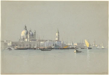 Utsikt över Giudecca-kanalen mot Salute och Campanile of San Marco