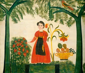 Flicka i rött med blommor och distelfink, ca 1830 (olja på trä (träfiberskiva))