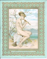 Viktorianskt nyårskort av en badande skönhet på en strand som spelar en flöjt, c.1881