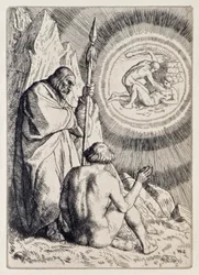 Michael ger Adam en vision från det förlorade paradiset av John Milton (1608-1674), en serie med 12 illustrationer etsade av William Strang (1859-1921)