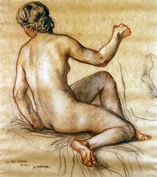 Studie av en kvinnlig naken sittande bakifrån, ca 1890 (kol, röd och vit krita på papper)