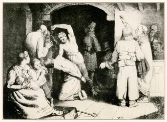 De trognas gissling från pilgrimernas framsteg från denna värld, till det som ska komma av John Bunyan (1628-1688) illustration av William Strang (1859-1921) Trogen torteras efter sin tria