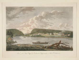 Utsikt över Water Gap och Columbian Glassworks, River Delaware