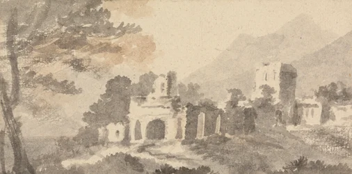 Italiensk landskap med förstört slott