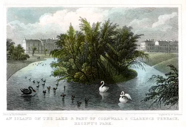 Ö vid sjön och en del av Cornwall och Clarence Terraces, Regents Park, London, 1828.