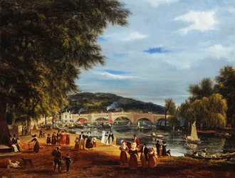 Utsikt över Richmond Bridge med båtar på floden och figurer som promenerar,