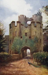 Warwick Castle: Drawbridge och Portcullis (färg litho)