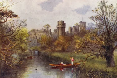 Warwick Castle, från bron (färg litho)