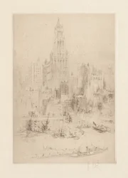 Downtown Manhattan från East River, med Woolworth Building