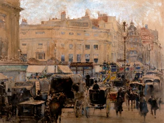 Rush Hour, Oxford Circus (akvarell med lack och bodycolour på tonat papper)