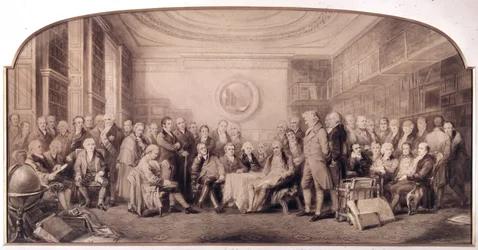 Vetenskapens framstående män 1807-1808. Möte i biblioteket vid Royal Institute of Sciences, England. Gravyr av William Walker och Sir John Gilbert (1817 - 1897) - Eminent Men of Science Living in 1807 - Eminent Men of Science