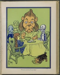 "Lejonet åt lite av gröten", illustration från "Den underbara trollkarlen från Oz" av Lyman Frank Baum