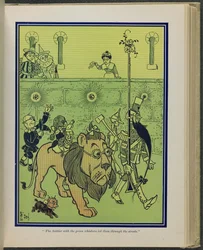 "Soldaten med de gröna morrhåren ledde dem genom gatorna", illustration från "Den underbara trollkarlen från Oz" av Lyman Frank Baum