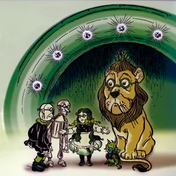 The Wonderful Wizard of Oz - The Wizard of Oz: teckning av Denslow, William Wallace (1856-1915) för en av de första utgåvorna av Frank Baums bok (1856-1919) - Framför Emerald City Palace Dorothee (Dorothy) och hans vänner, hunden Toto, skräcken