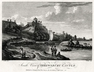 Södervy av Shrewsbury Castle, Shropshire, 1777