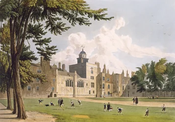 Charter House från lekplatsen, från "History of Charter House", en del av Ackermanns "History of the Colleges", graverad av W. Bennett, publicerad 1816 (akvatint)