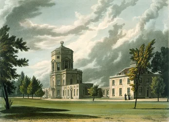 Exteriör av The Astronomical Observatory, illustration från History of Oxford, graverad av Joseph Constantine Stadler (fl.1780-1813) pub. av R. Ackermann, 1813 (akvatint)