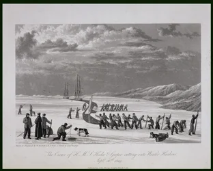 Besättningarna på H.M.S. Hecla und Griper skär in i Winter Harbour, 26 september 1819, från "Journal of a Voyage for the Discovery of a North West Passage from the Atlantic to the Pacific" framförd i t.