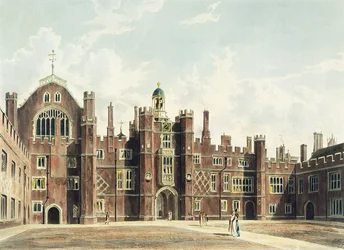 Utsikt över fyrkanten vid Hampton Court Palace från Pynes "Royal Residences" graverad av Thomas Sutherland (f.c.1785), publicerad 1819