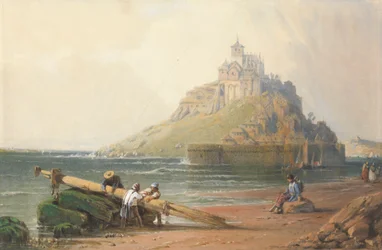 Utsikt över Mont St. Michel med figurer på stranden