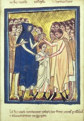 Joseph såldes av sina bröder, från en bok med bibelbilder, ca 1250
