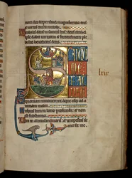 Ms 322 f.67r, Psalm 68, initial S, Jonas ber till Kristus när han lämnar valen och Jonah kastas till valen, illustration från 