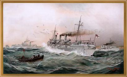 Kaiserliche Marine Griffin, Meteor och Jagd ser ut över bröststaden, kromolitografi av Willy Stöwer 1894, nr 9 från G. Wislicenus, Unsre Kriegsmarine.
