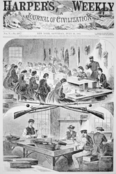 Män och kvinnor fyller patroner i arsenalen i Watertown, Massachusetts, från Harper