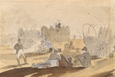 Husvagn med täckta vagnar vilande [recto], 1861.