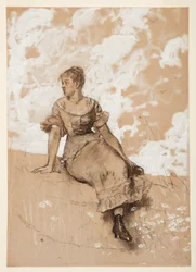Teckning, En sittande flicka; studie till "Trädgårdsmuren", 1878