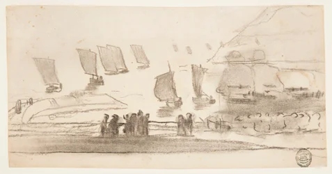 Teckning, Strandscen med människor och fiskebåtar, Cullercoats, England, 1881-82