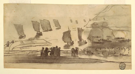 Teckning, Strandscen med människor och fiskebåtar, Cullercoats, England, 1881-82