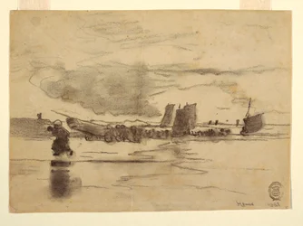Teckning, Strand vid lågvatten, Cullercoats, England, 1881