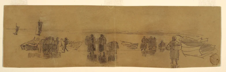 Teckning, Strand med fyra fiskebåtar, Cullercoats, England, 1881-82