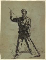 Teckning, kavallerisoldat laddar ett gevär, 1863-64