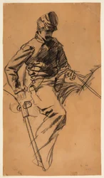 Teckning, kavallerisoldat på hästryggen, 1863