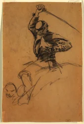 Teckning, kavallerisoldat med svärd på hästryggen, 1863